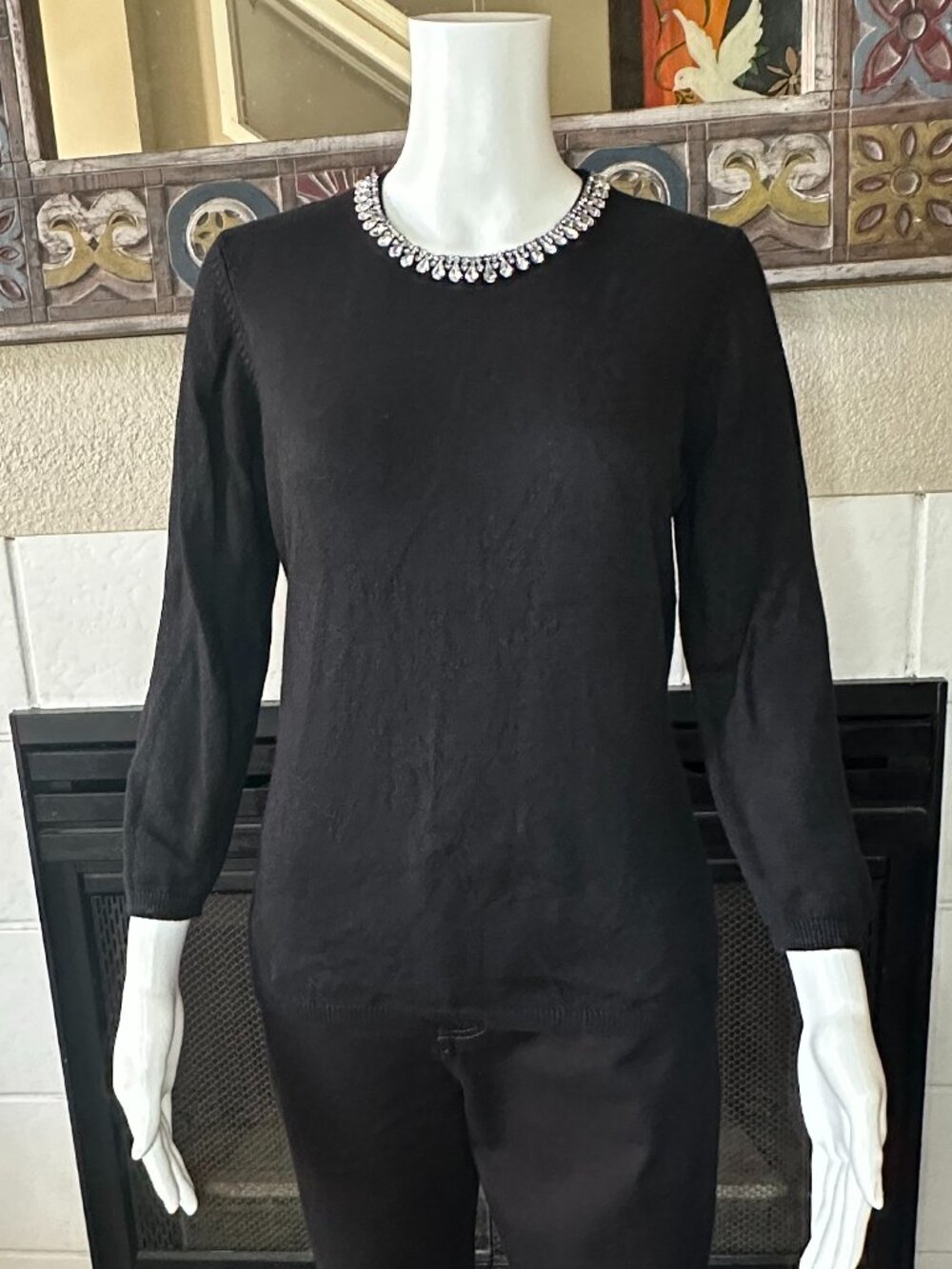 Boston Proper Cashmere Blend rhinestone neckline black Sweater medium Y2K